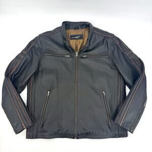 Vintage Black Rivet Men's Brown Tan Striped Lined Motorcycle Leather Jacket XL